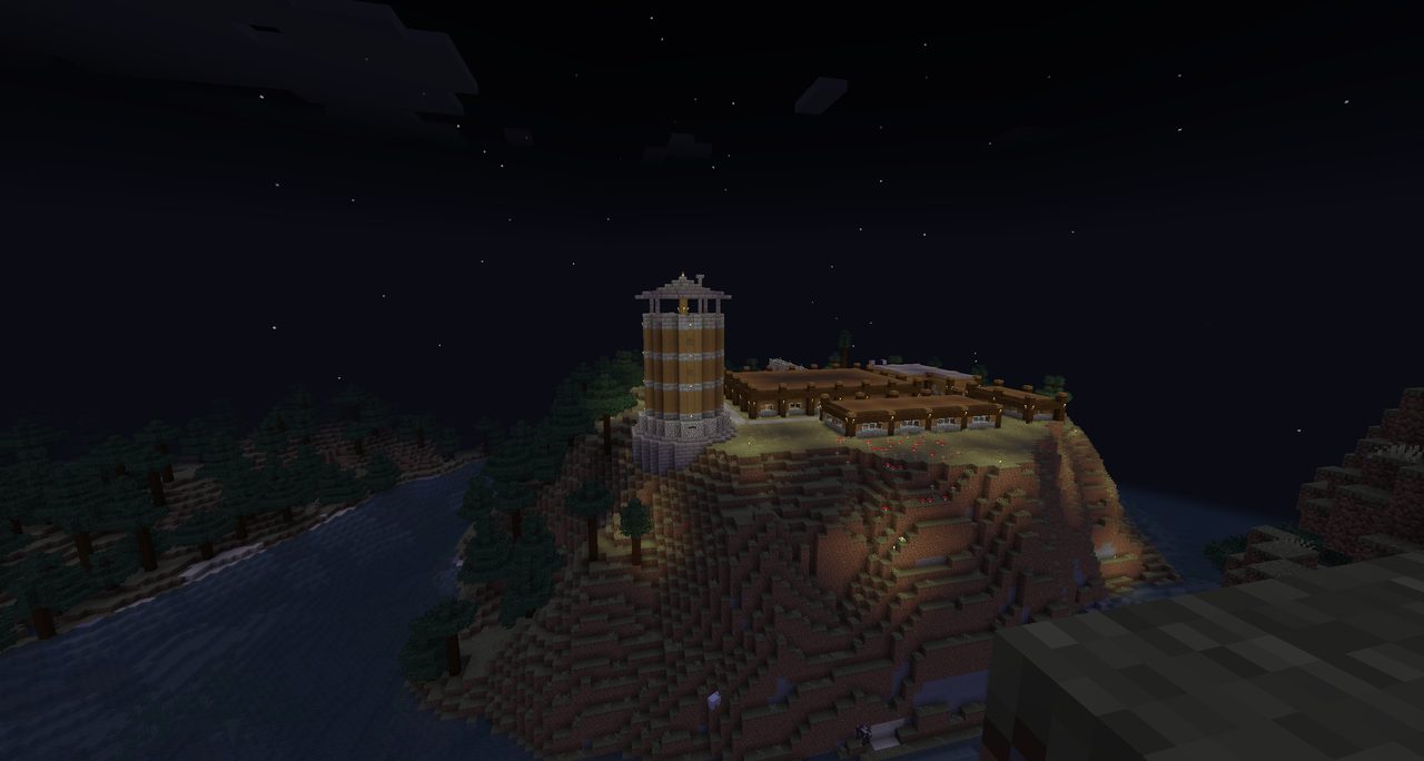 A nation capital at dusk, castle above the treeline